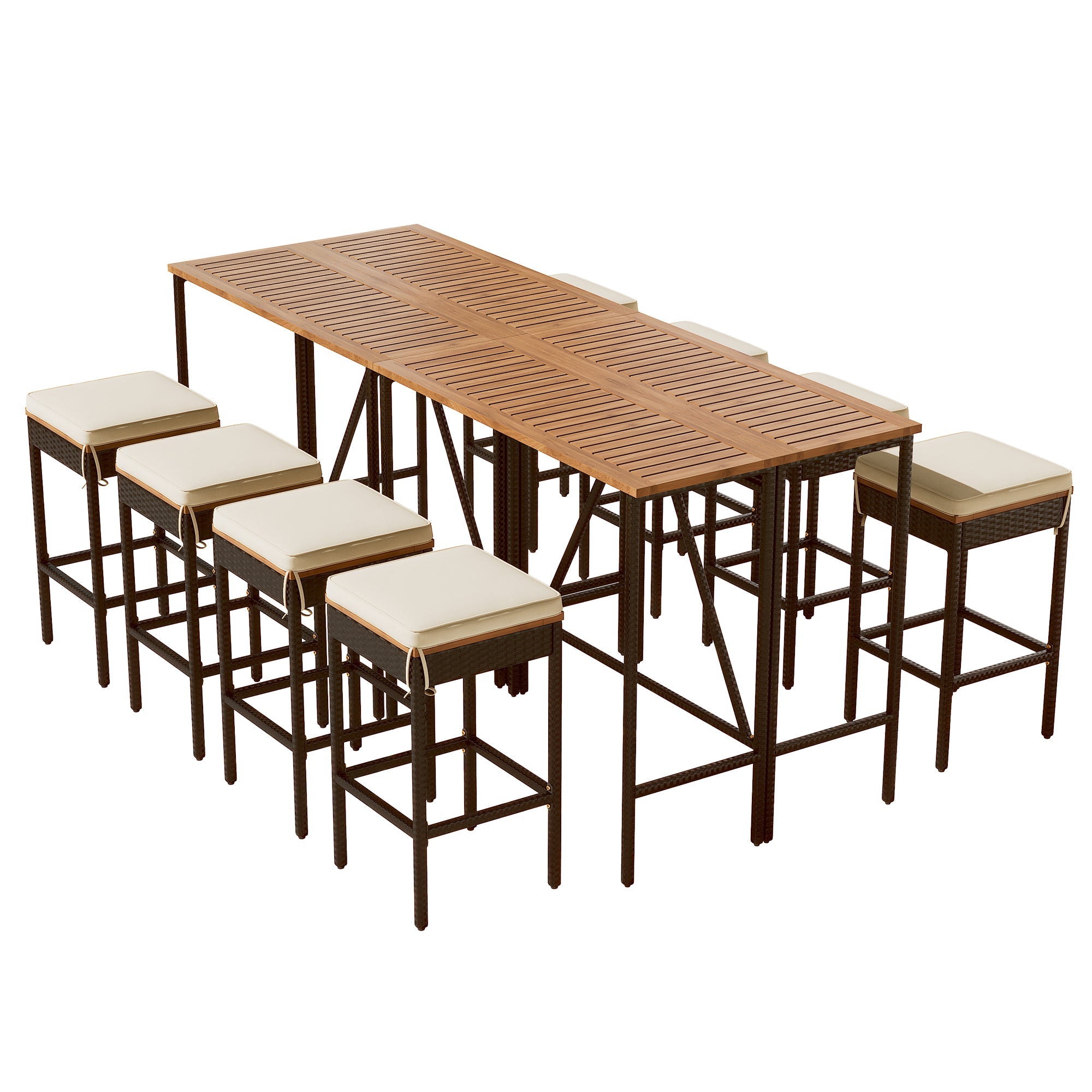 10-Piece Outdoor Acacia Wood Set with Bar Height Table And 8 Stool - Outdoor Dining