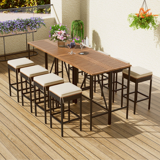 10-Piece-Outdoor-Acacia-Wood-Set-with-Bar-Height-Table-And-8-Stool-Outdoor-Dining