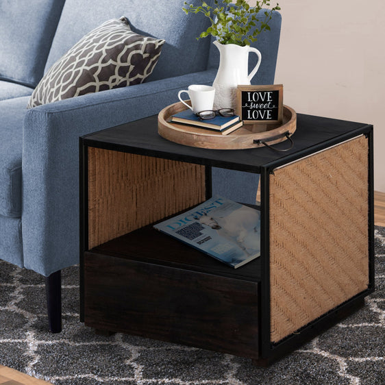 21 Inch Handcrafted Acacia Wood Side Table Nightstand, Woven Jute Side Panels, Brown, Black - Nightstands