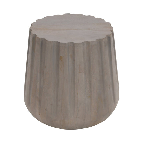 22 Inch Side End Table, Mango Wood Drum Shape with Handcrafted Grooved Edges, Gray - End Tables