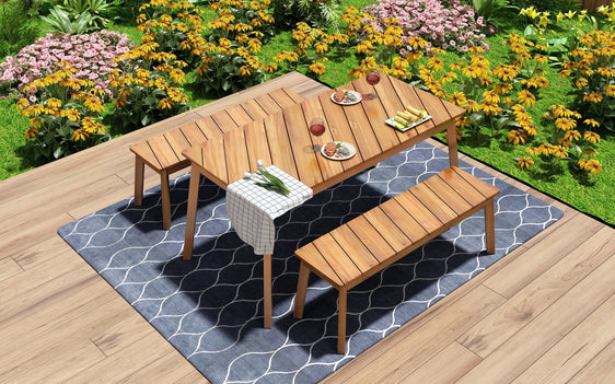 3-Piece Acacia Wood Dining Set with Dining Table and Bench - Outdoor Dining