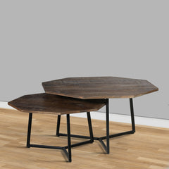 35, 28 Inch 2 Piece Nesting Coffee Table Set, Octagon Top, Mango Wood, Brown and Black - Coffee Tables