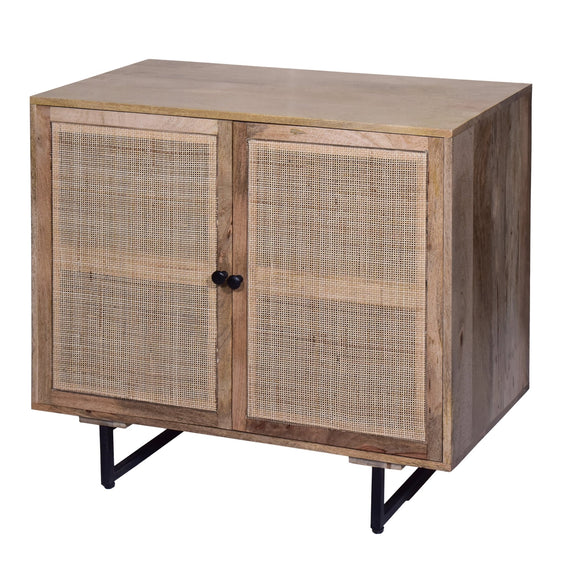 35 Inch Handcrafted Accent Cabinet with 2 Mesh Rattan Doors, Black Iron Legs, Natural Brown Mango Wood Frame - Cabinets