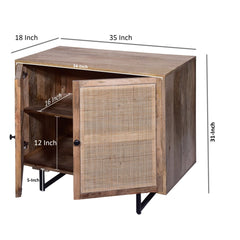 35 Inch Handcrafted Accent Cabinet with 2 Mesh Rattan Doors, Black Iron Legs, Natural Brown Mango Wood Frame - Cabinets