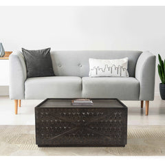 38 Inch Handcrafted Mango Wood Square Coffee Table, Artisanal Carved Mesh Base, Black - Coffee Tables