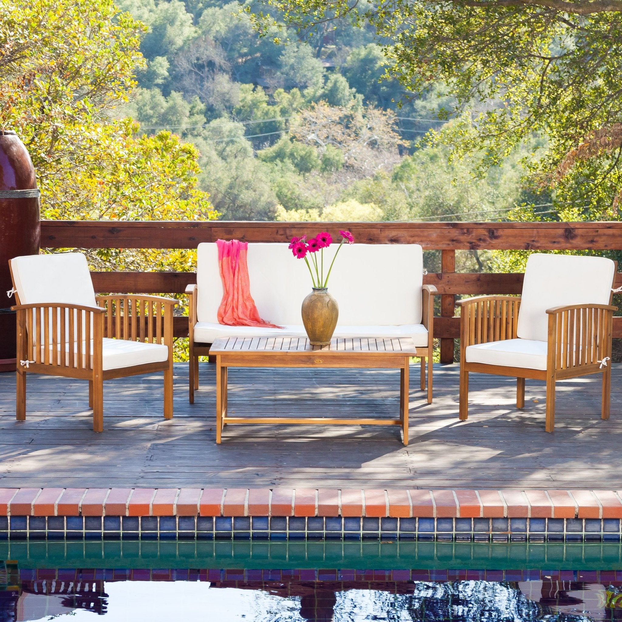 4-Piece Outdoor Wooden Patio Set with Coffee Table, 2 Chairs and Loveseat - Outdoor Furniture