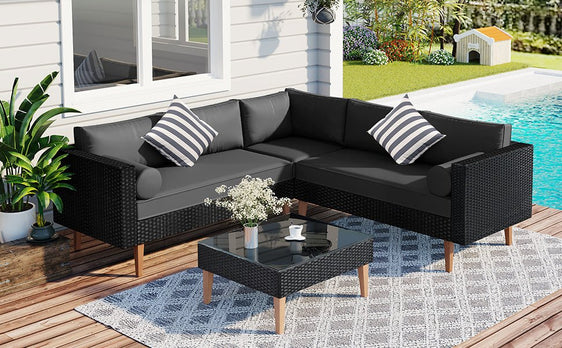 4-Pieces L-shape Outdoor Wicker Sofa Set with Colorful Pillows - Outdoor Seating
