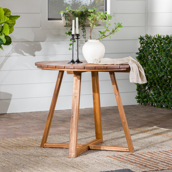 Outdoor Solid Wood Slat-Top Round Dining Table