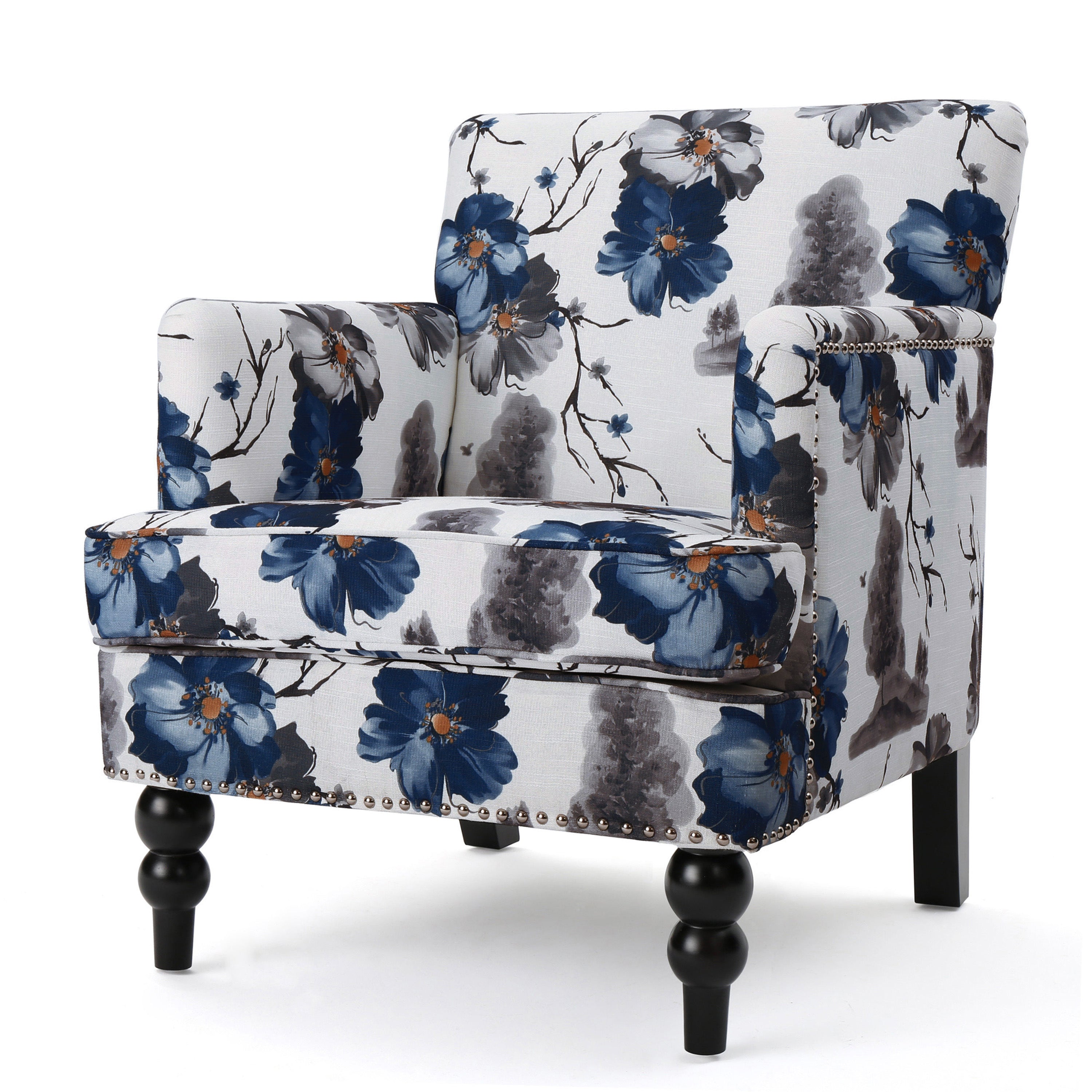 Harrison Blue Floral Tufted Nailhead Accent Chair with Wood Legs – Pier 1
