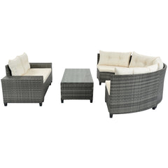 8-Piece Outdoor Wicker Round Sofa Set with Rectangular Coffee Table - Outdoor Seating