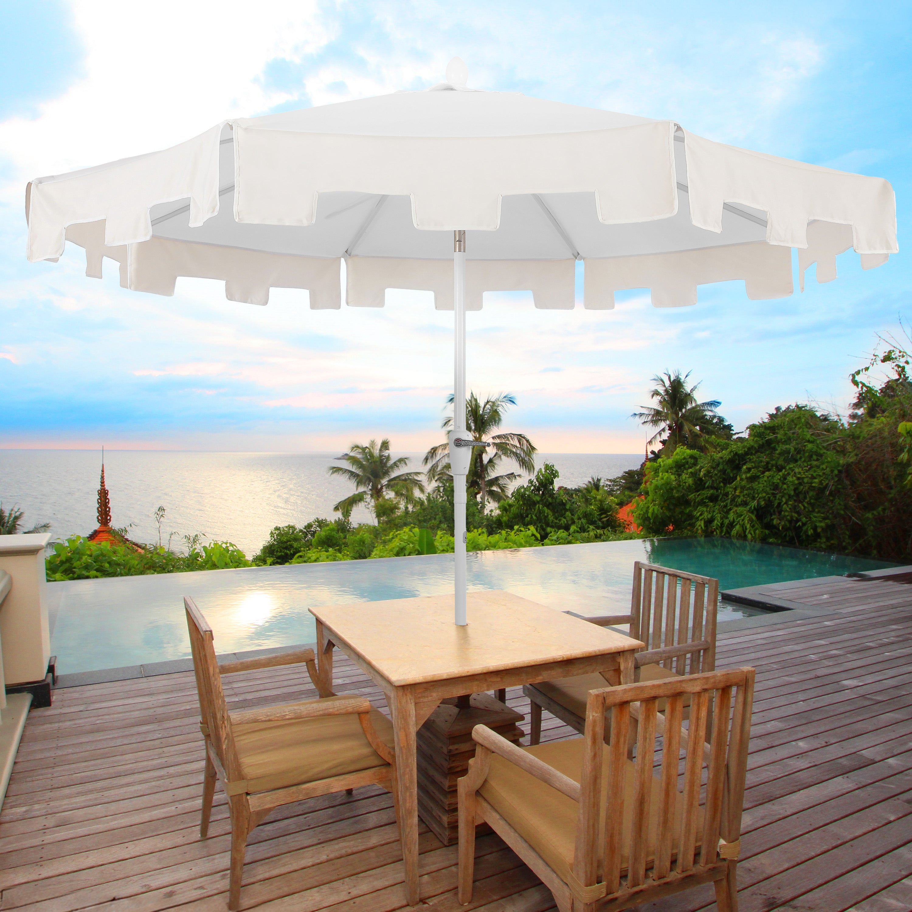 JONATHAN Y UMB1000D Baiona 9 ft. Classic MidCentury Market Patio Umbrella with UV Protection, Auto-Tilt, Crank and Wind Vent in White/Green JONATHAN Y UMB1000D Baiona 9 ft. Classic MidCentury Market Patio Umbrella with UV Protection, Auto-Tilt, Crank and Wind Vent in White/Green
