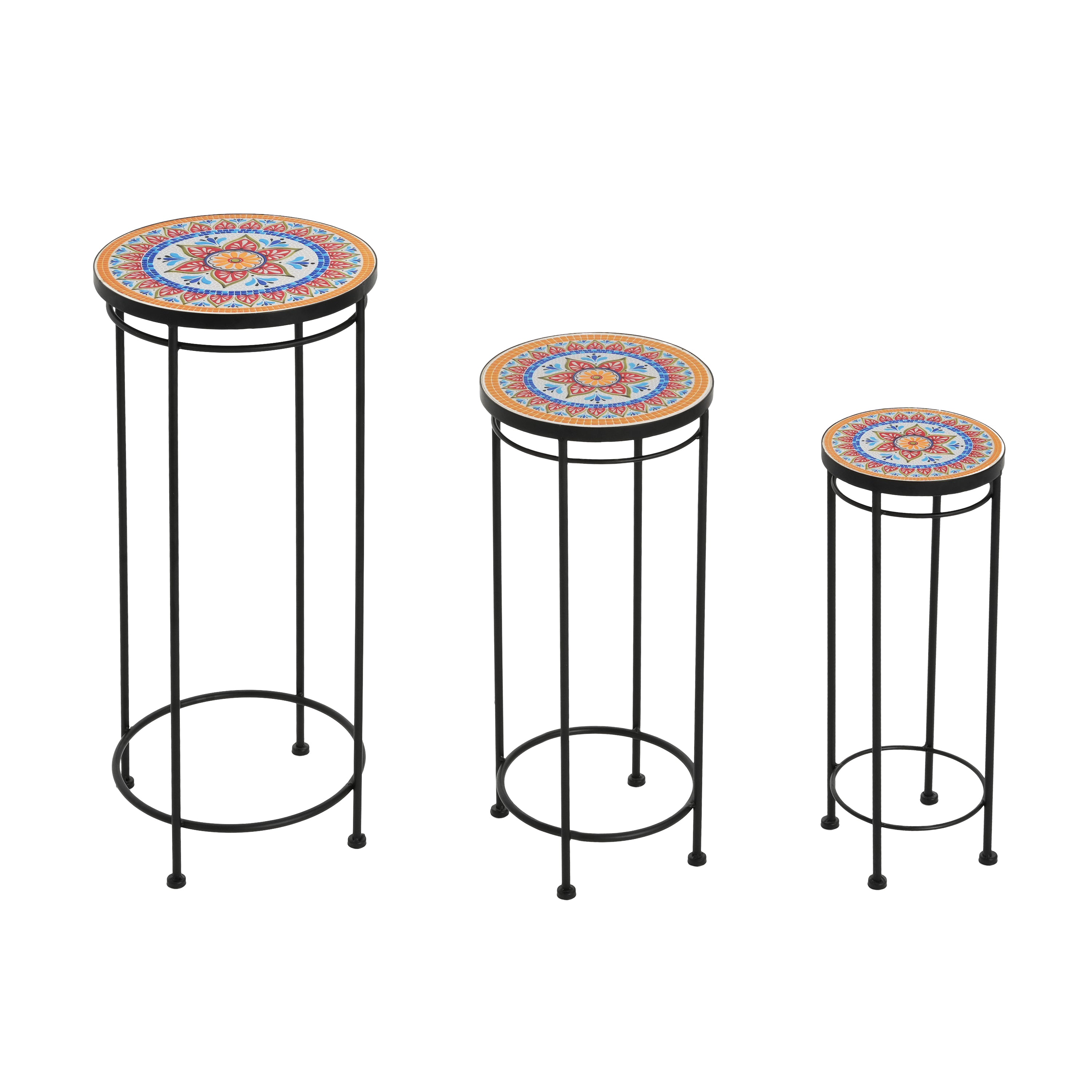 pier one indoor plant stands 3-Piece Outdoor Ceramic Tile Plant Stand Set with Iron Frame