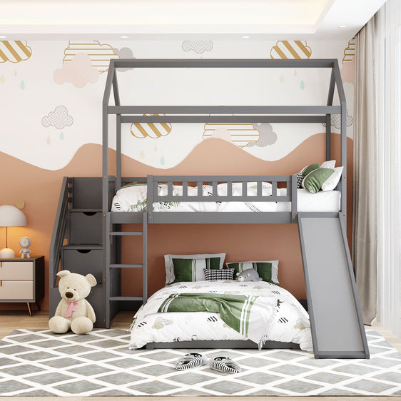 House Bunk Bed with Two Storages and Slide - Bunk Beds