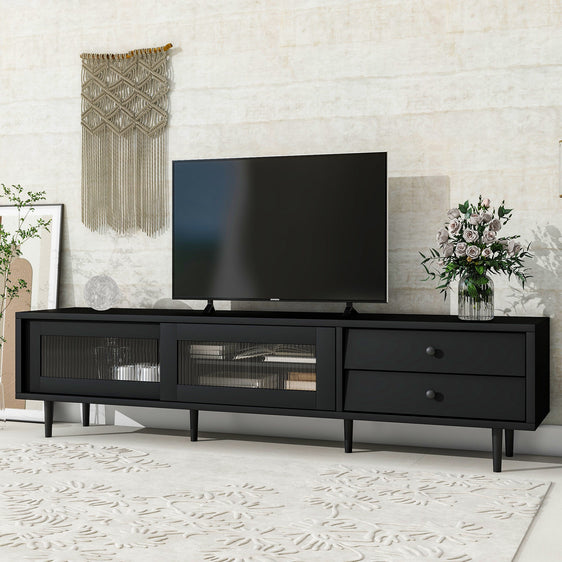 Modern TV Stand with Sliding Flutes Glass Doors and Slanted Drawer - TV Stand