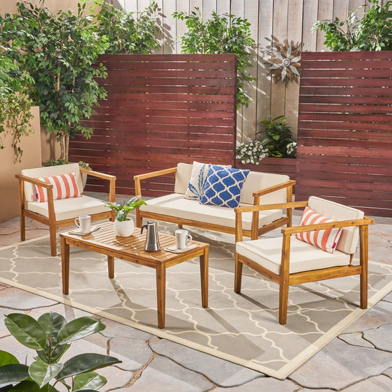 Outdoor Patio Acacia Wood Set with Coffee Table, 2 Club Chairs and Loveseat - Outdoor Seating