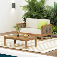 Outdoor Patio Acacia Wood Set with Coffee Table and Loveseat - Outdoor Seating