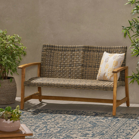 Outdoor Rattan Loveseat with Wooden Legs - Outdoor Seating