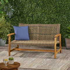 Outdoor Rattan Loveseat with Wooden Legs - Outdoor Seating