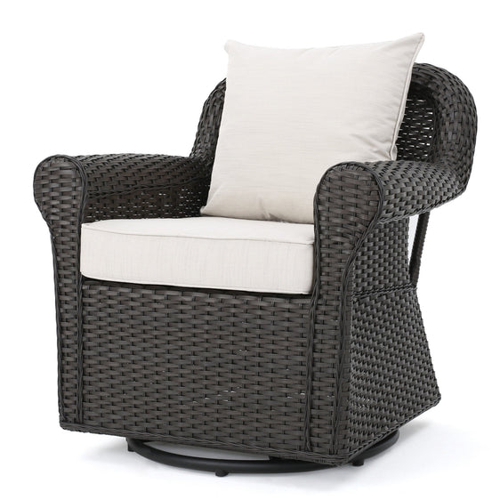 Outdoor Rattan Swivel Chair with Rolled Arm and Water-Resistant Cushions - Outdoor Seating