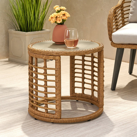 Outdoor Side Table with Tempered Glass Top and Rattan Wicker Cover - Side Tables