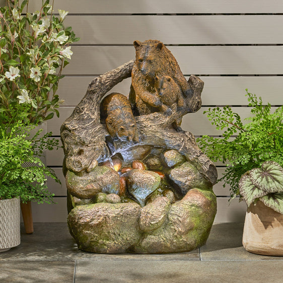 Outdoor-Weather-Resistant-Floor-Fountain-with-Light,-Family-of-Bears-and-Two-tiers-Design-Water-Feature
