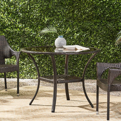 Rattan Cover Table with Glass Top and Iron Frame - Outdoor Tables