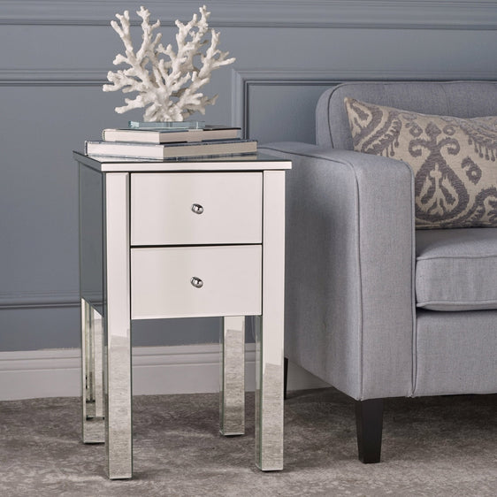 Reflective Mirrored Side Table with 2 Drawers - Side Tables