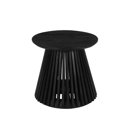 Ridge 20 Inch Handcrafted Mango Wood Round End Side Table, Slatted Flared Base, Black - End Tables