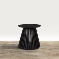 Ridge 20 Inch Handcrafted Mango Wood Round End Side Table, Slatted Flared Base, Black - End Tables
