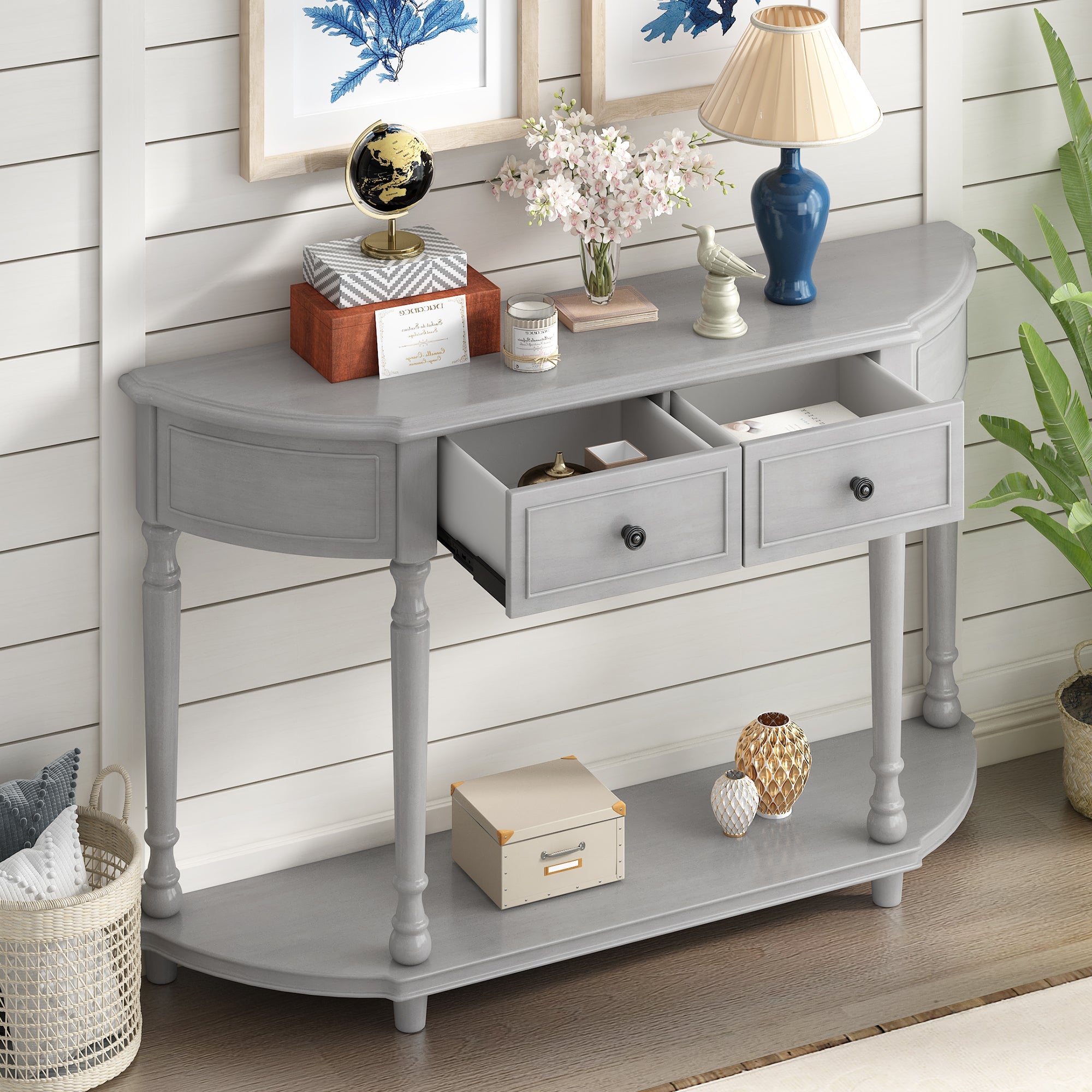 Sanctuary Console Table with Open Style Shelf, Solid Wooden Frame and 2 Top Drawers - Consoles