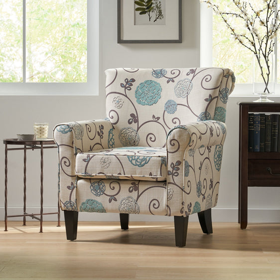 Upholstered Chair with Floral Pattern Design and Solid Wood Legs - Accent Chairs