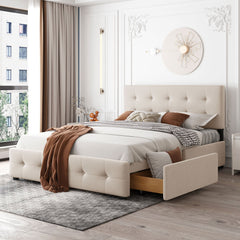 Upholstered Queen Platform Bed with Classic Headboard and 4 Drawers - Beds