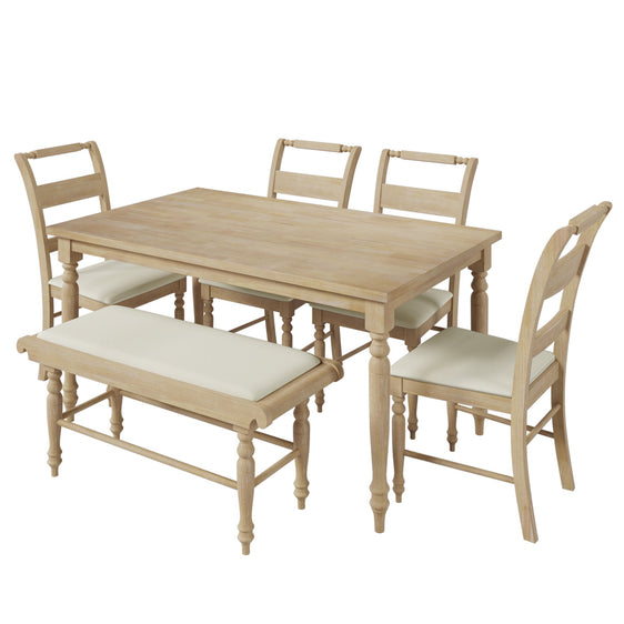 6-piece-Dining-Set-with-Turned-Legs,-Upholstered-Dining-Chairs-and-Bench-Dining-Set