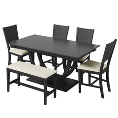 6-Piece Wood Half Round Dining Table Set with Long Bench and 4 Dining Chairs - Pier 1