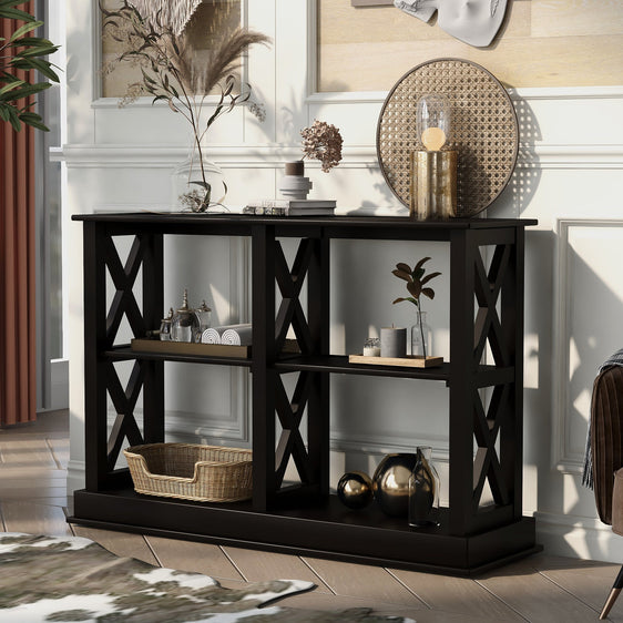 Abby-Black-Console-Table-with-3-Tier-Open-Shelves-with-X-Design-Consoles