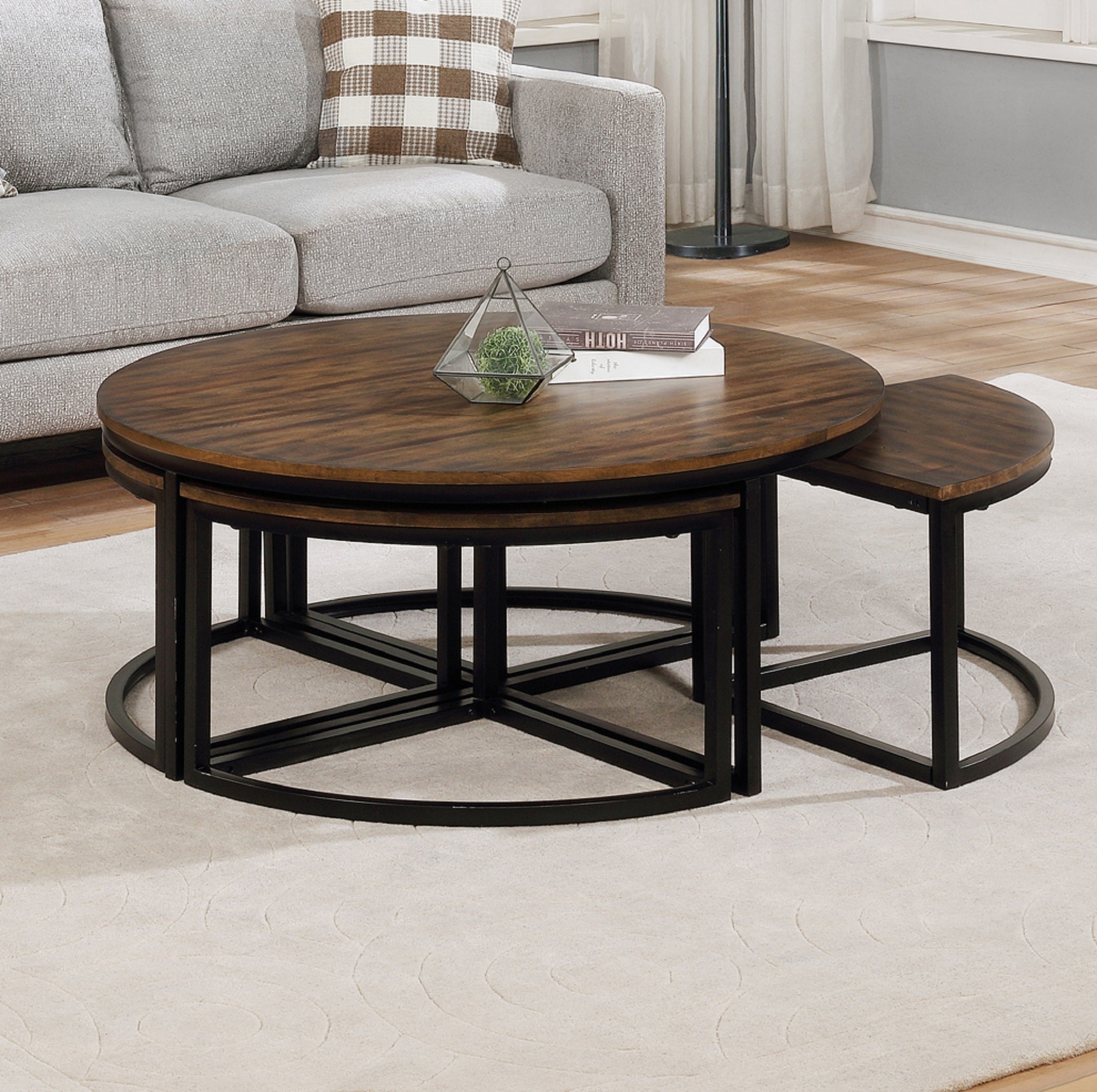 Arcadia Acacia Wood 42" Round Coffee Table with Nesting Tables, Antiqued Mocha - Pier 1