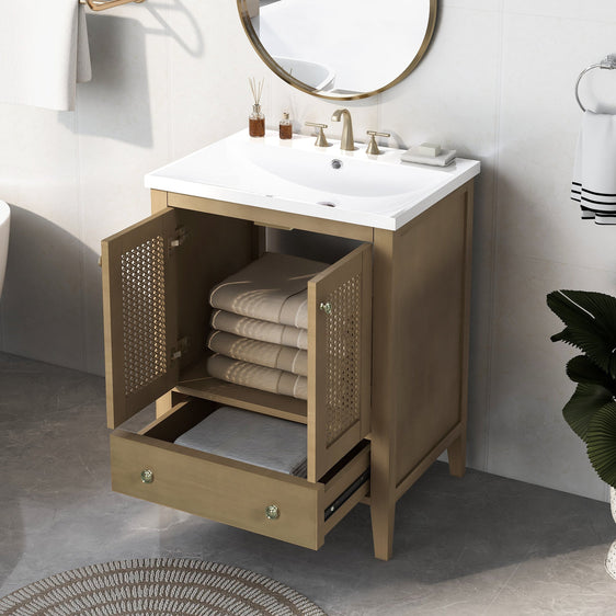 Bathroom Vanity with Basin and Rattan Cabinet - Pier 1