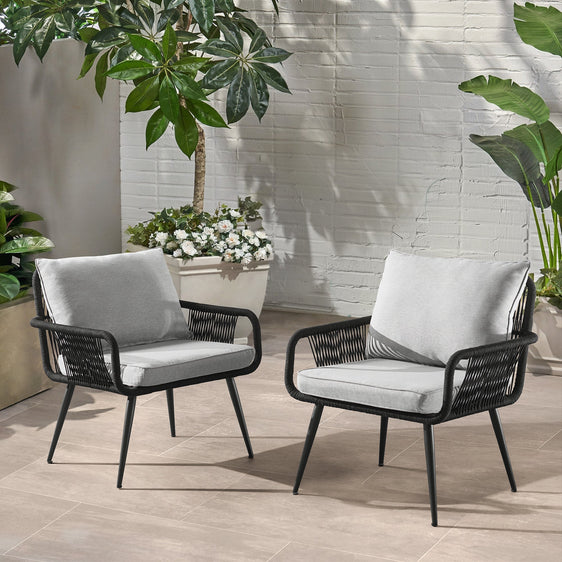 Charcoal Andover All-weather Outdoor 29" Rope Chairs with Light Gray Cushions, Set of Two - Pier 1