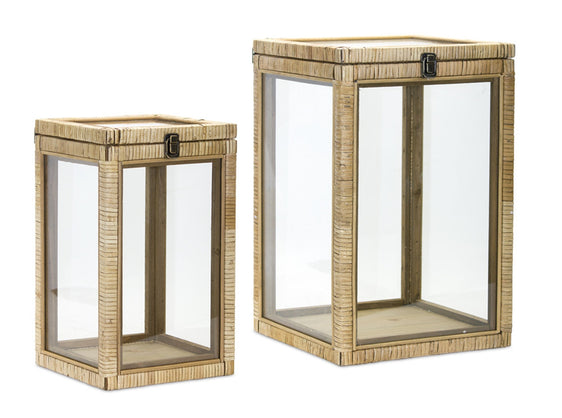 Coastal-Wood-Box-Lantern-with-Glass-Top,-Set-of-2-Lanterns