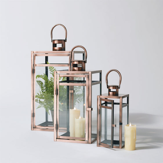 Contemporary-Copper-Metal-Box-Lantern,-Set-of-3-Lanterns