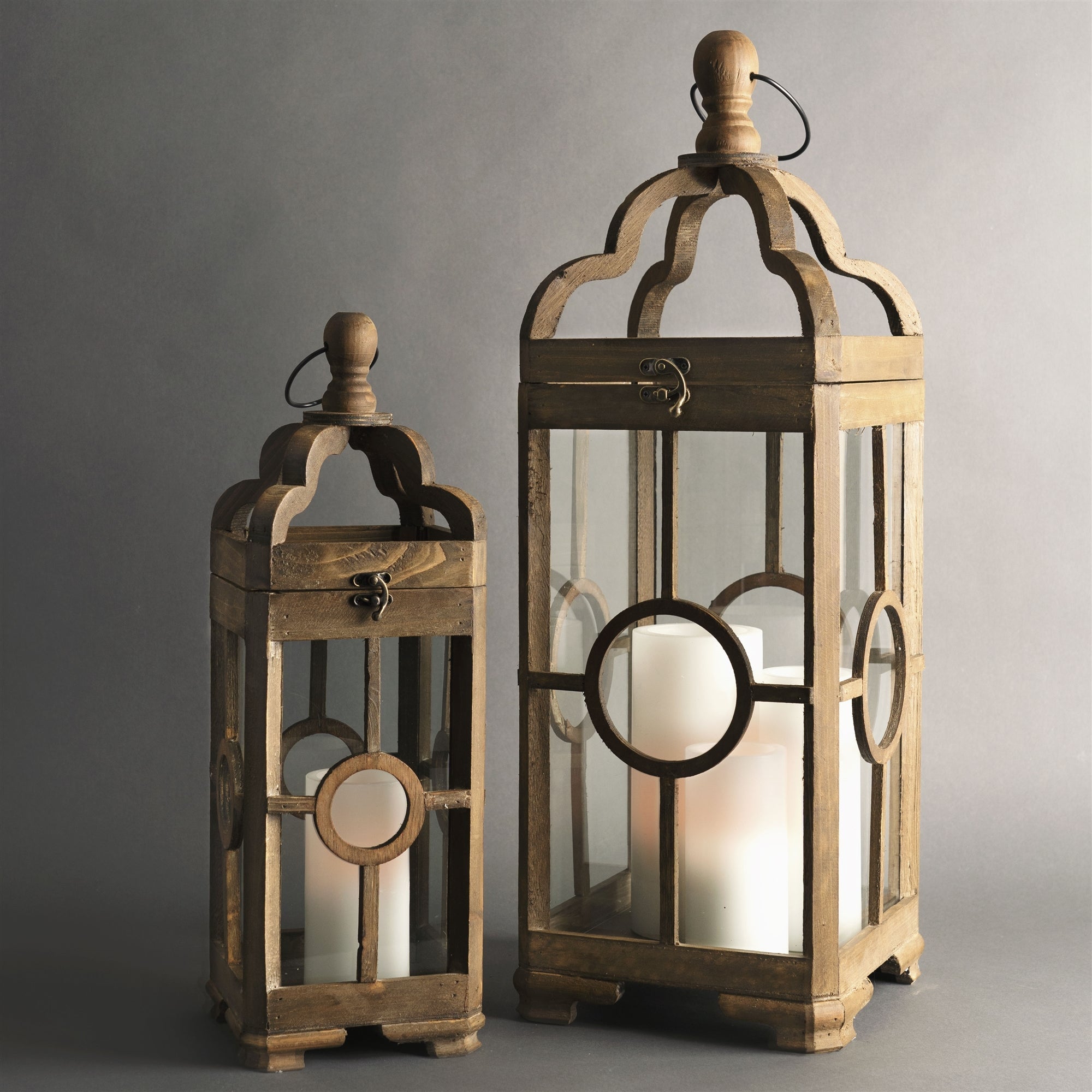 Contemporary-Dark-Wood-Floor-Lantern,-Set-of-2-Lanterns