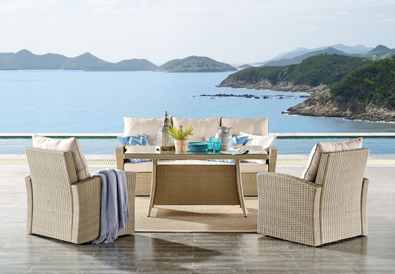 Cream-Canaan-All-weather-Wicker-Outdoor-Deep-seat-Dining-Set-with-Sofa,-Two-Arm-Chairs-and-High-Cocktail-Table-Outdoor-Seating