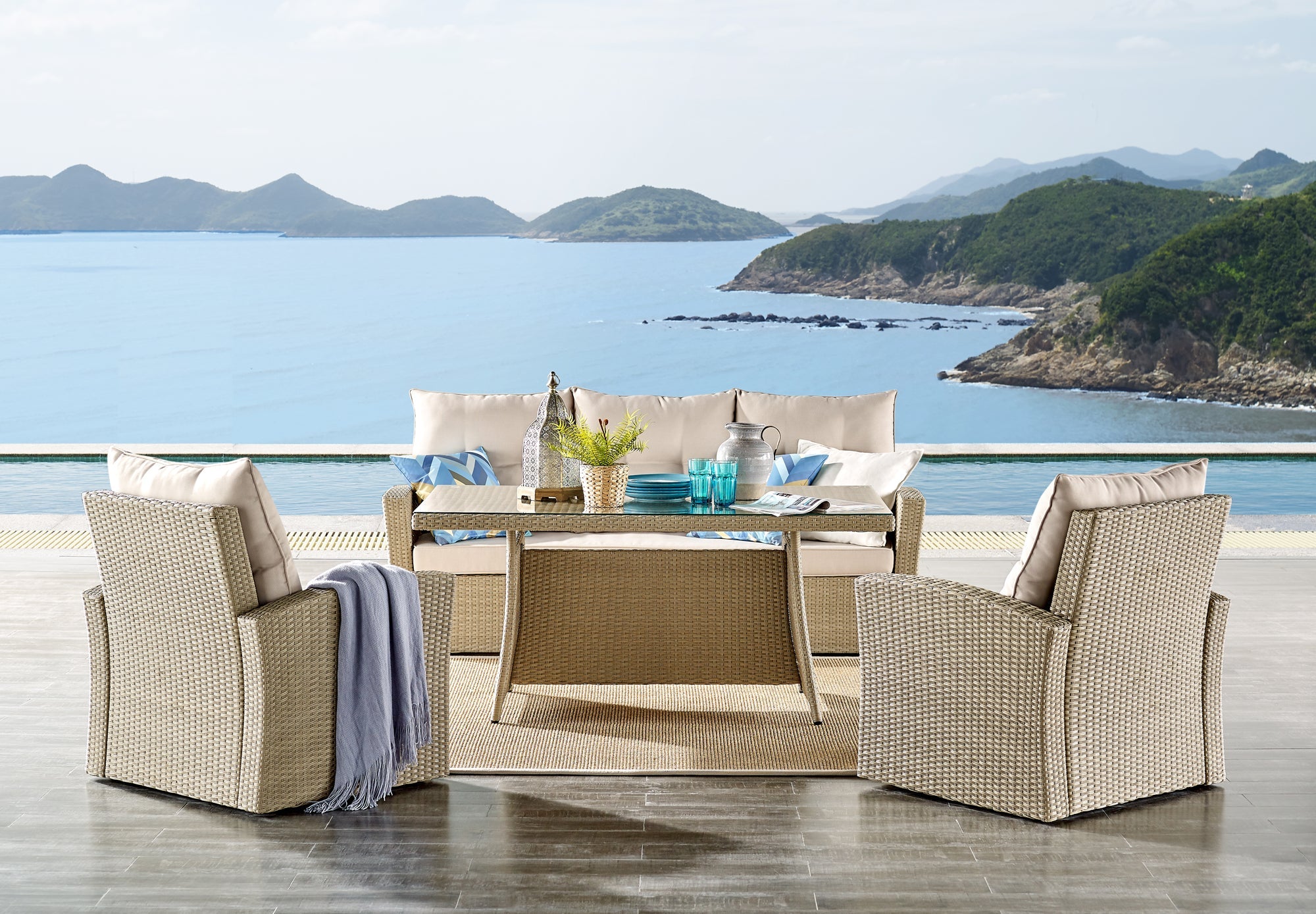 Cream Canaan All-weather Wicker Outdoor Deep-seat Dining Set with Sofa, Two Arm Chairs and High Cocktail Table - Pier 1