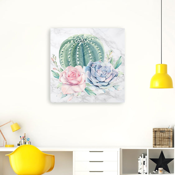 Desert Cactus And Succulents Floral Watercolor On Marble Canvas Giclee - Pier 1