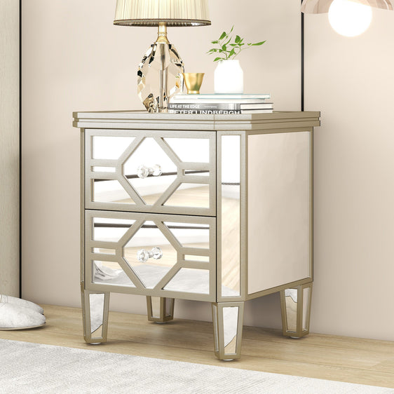 Elegant-Mirrored-2-Drawer-Side-Table-with-Golden-Lines-Nightstands