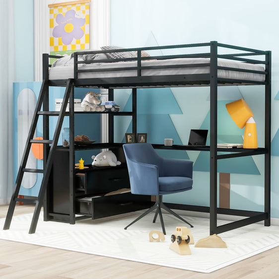 Elgin-Twin-Loft-Bed-with-Desk,-Shelves-and-Two-Built-in-Drawers-Loft-Beds