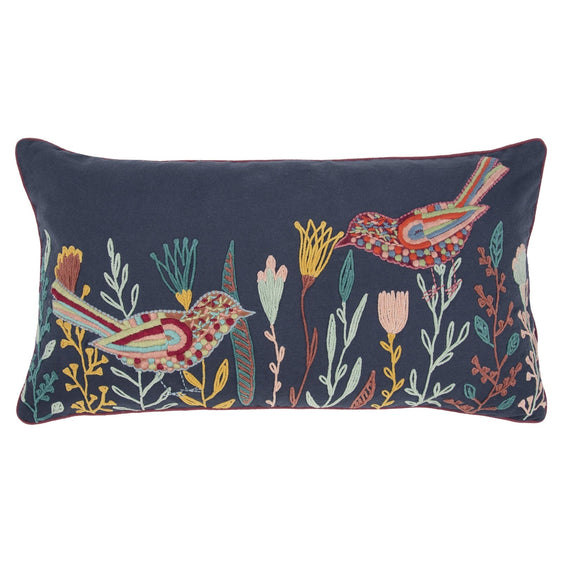 Embroidered Cotton Botanical With Birds Pillow Cover - Decorative Pillows