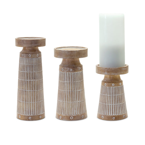 Etched-Wood-Design-Candle-Holder,-Set-of-3-Candle-Holders
