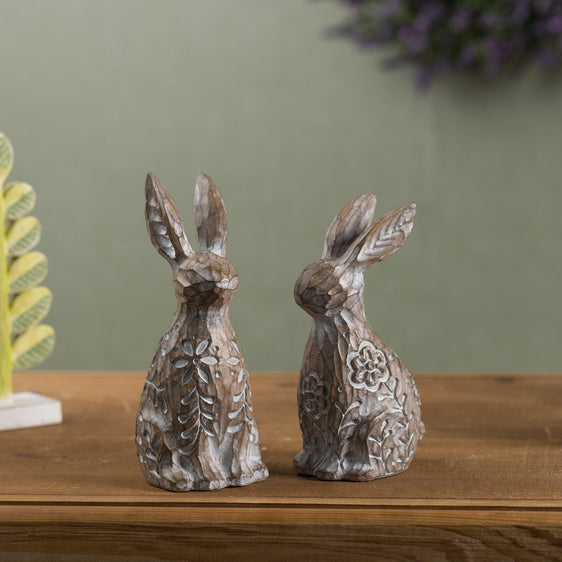 Floral-Carved-Rabbit-Figurine,-Set-of-2-Outdoor-Decor