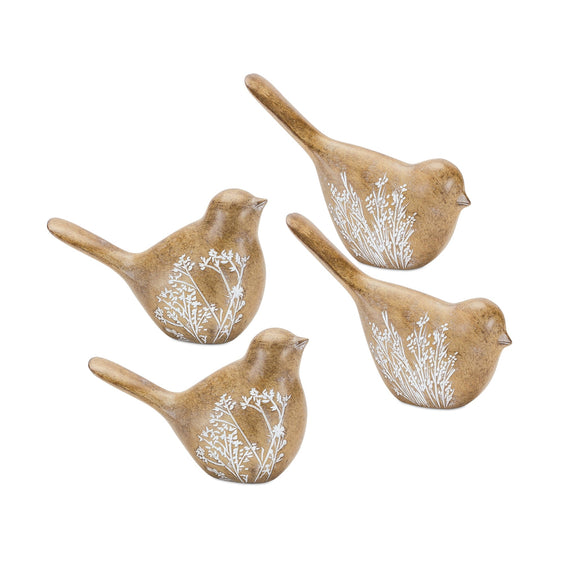 Floral-Etched-Bird-Figurine-with-Wood-Grain-Design,-Set-of-4-Decor